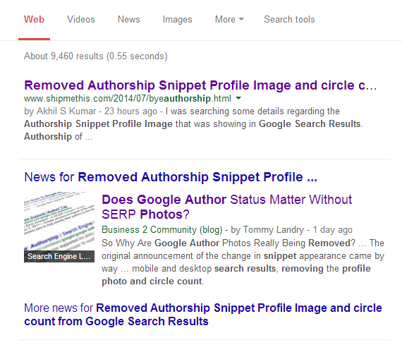 Search result of Removed Authorship Snippet Profile Image and circle count from Google Search Results