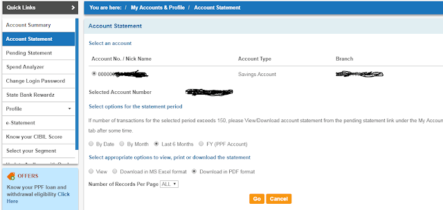 Bank Account statement for the last 6 months period online