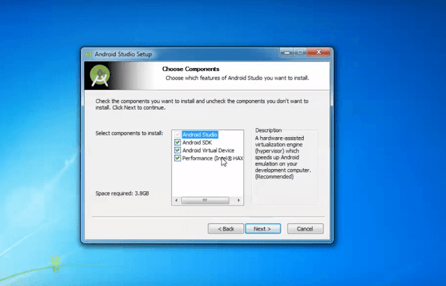 Choose components to install Android Studio, Android SDK, Android Virtual Device and Performance Intel HAX.