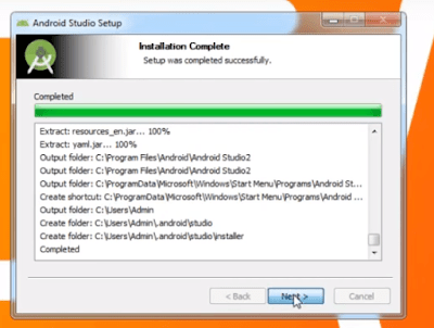  Extraction of files and installation of android studio is successful message.