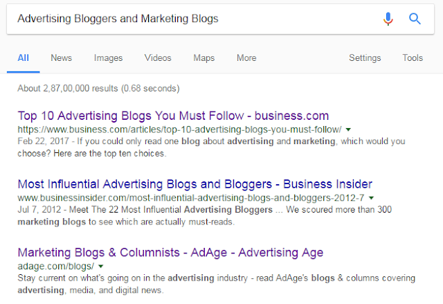 Advertising Bloggers and Marketing Blogs Search Results in Google