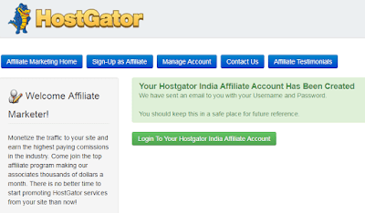 Hostgator affiliate account created message
