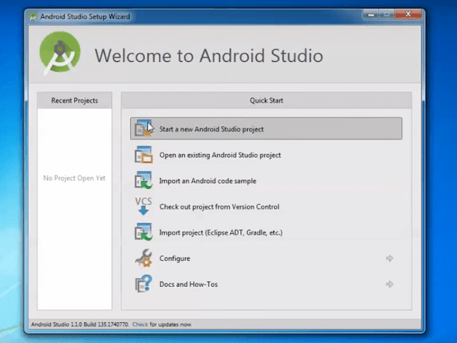 Select New Android Studio Project to start with