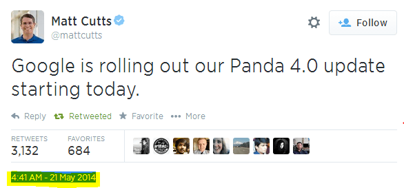 Tweet by Matt Cutts such as Google is rolling out Panda 4.0 update starting today