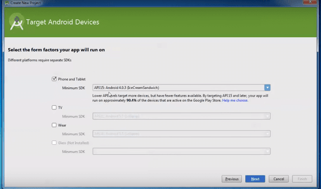 select phone and tablet under target android devices and click next