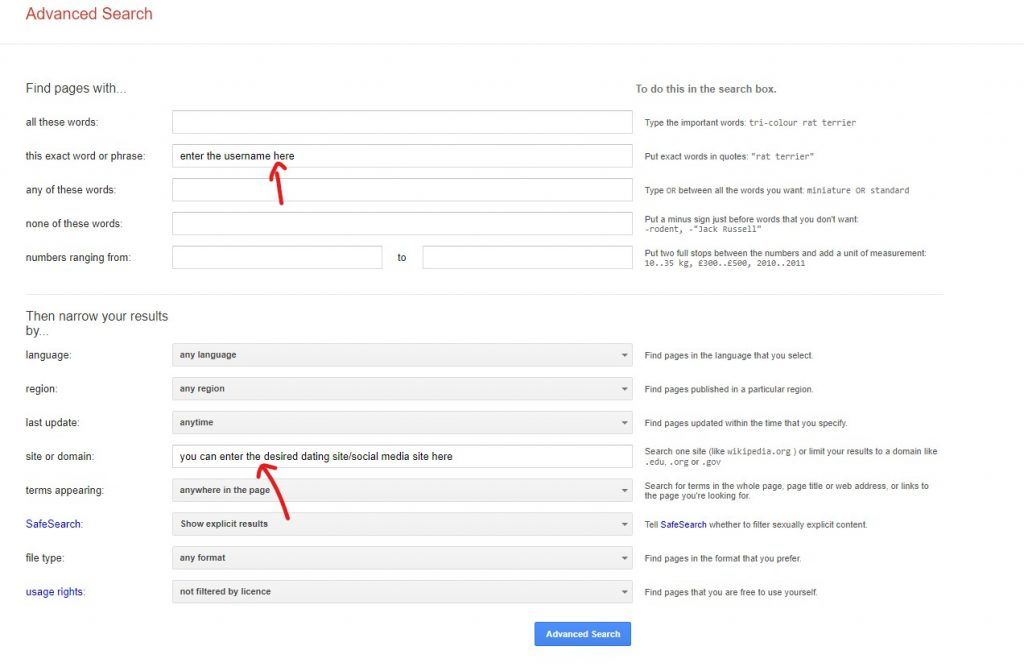 google advanced username search