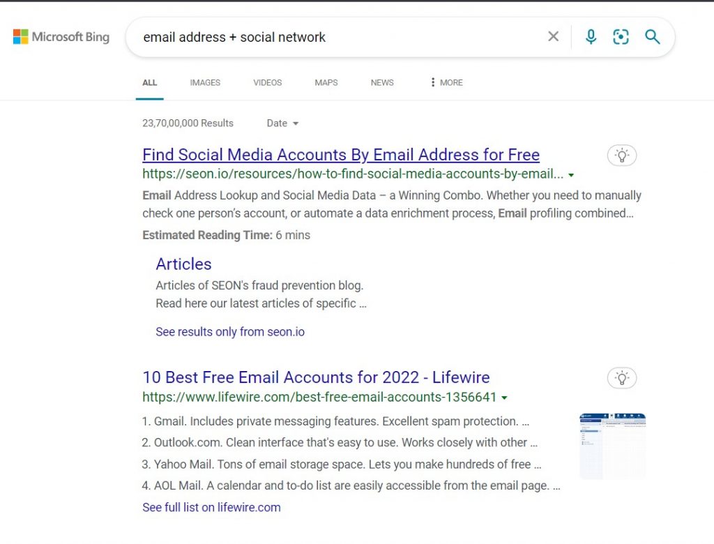 bing social network search email address