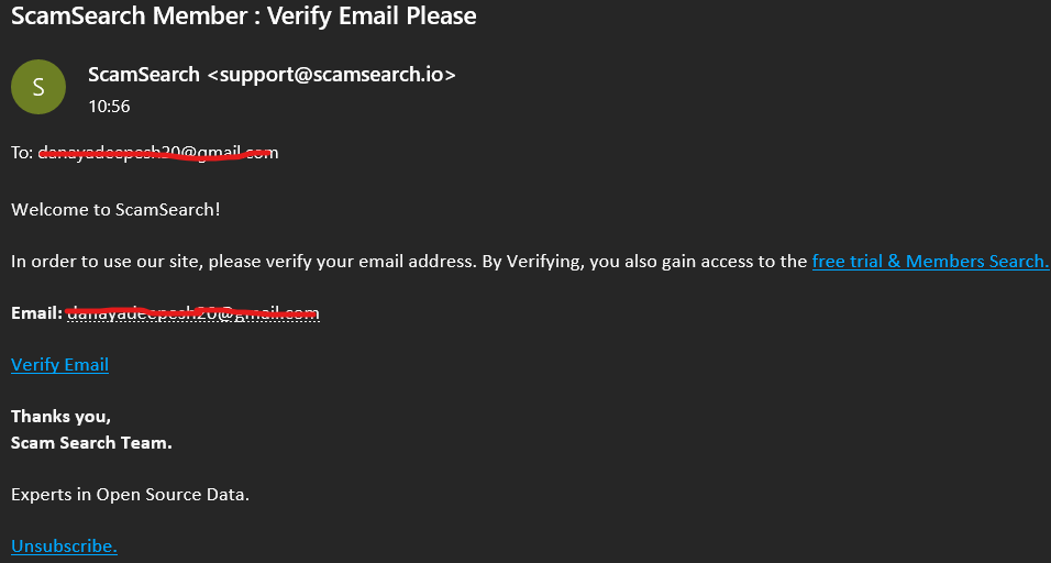 verification mail of scam search