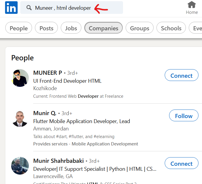 finding profiles in LinkedIn by entering name and skills